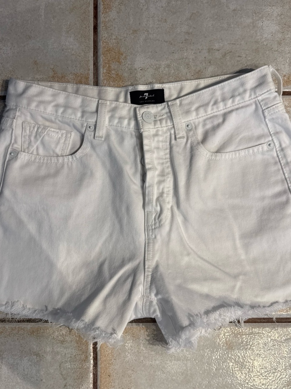 7 For All Mankind White Frayed Hem Denim Shorts